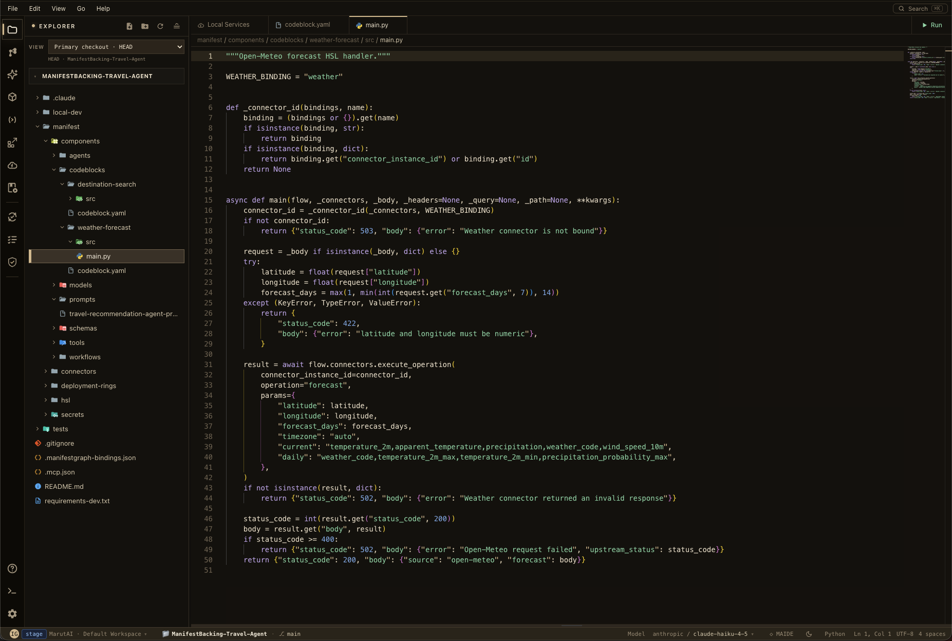 MAIDE code editor with the project explorer and a Python model component open